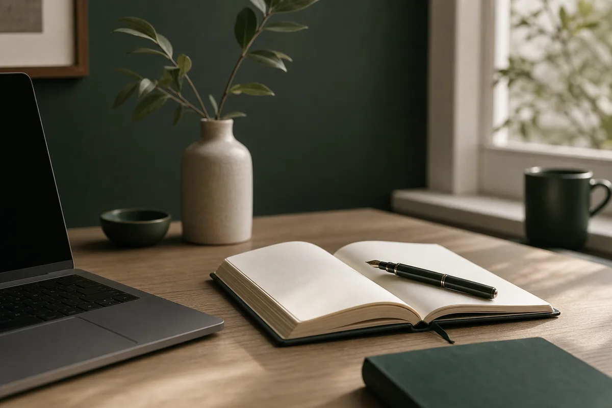 A notebook and laptop on a writing desk